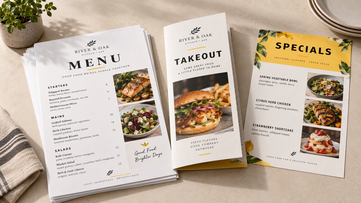 Printed paper menus for dining, takeout and seasonal specials