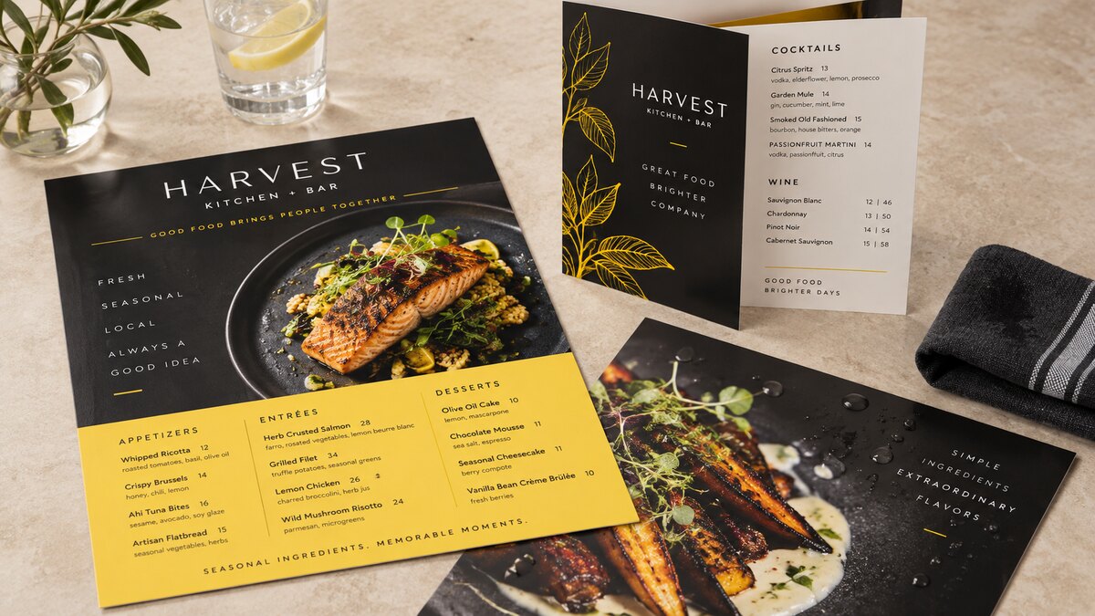Flat and folded synthetic restaurant menus with water droplets on the printed surface